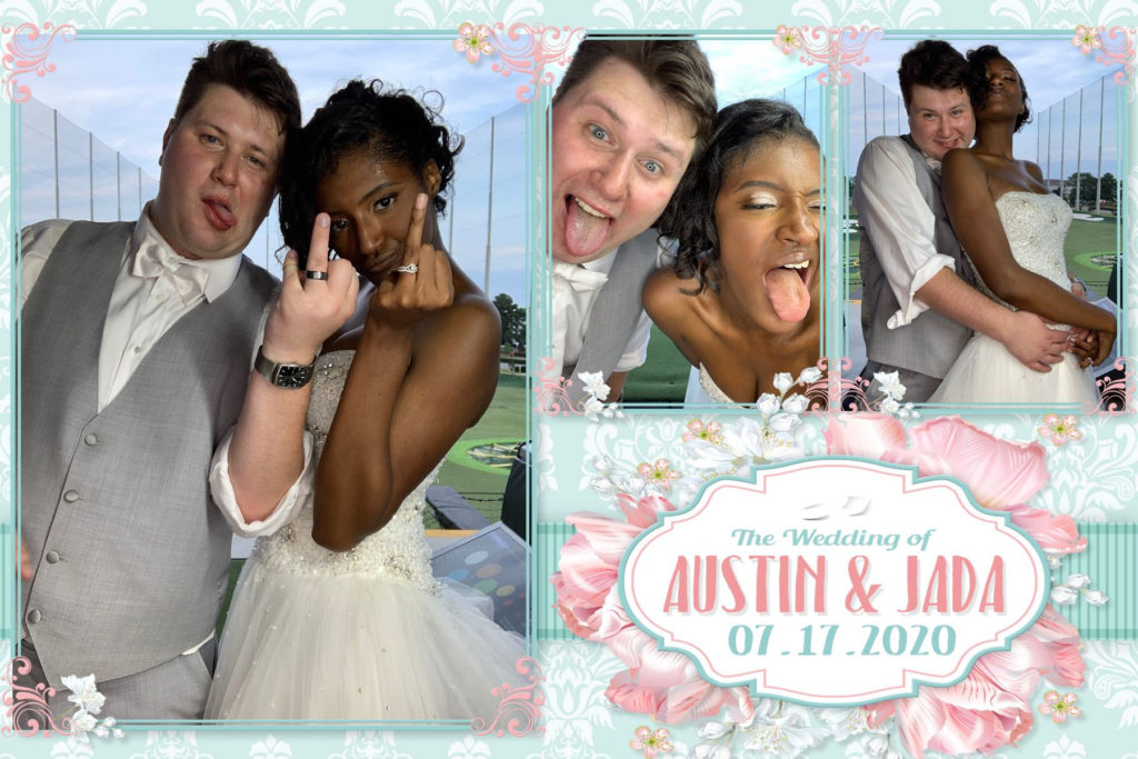 bride and groom posing in photo booth
